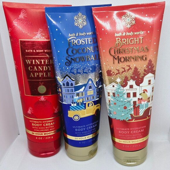 NWT BBW BODY CREAM BRIGHT CHRISTMAS MORNING, WINTER CANDY APPLE, FROSTED COCONUT - Picture 2 of 6